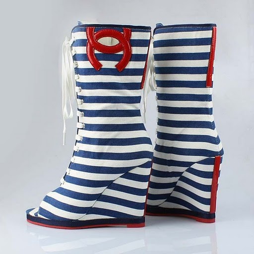 Chanel open toe stripe slipsole boots blue