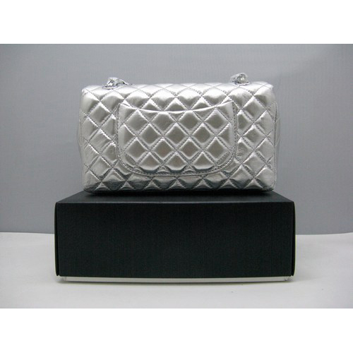 Chanel lambskin leather Silvery white Flap bag with Silver chain