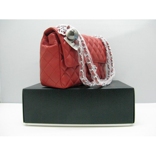 Chanel lambskin leather Red Flap bag with Silver chain