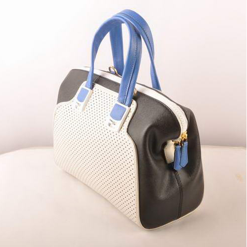 Fendi Chameleon Punch Saffiiano Leather Top Zip Tote Bag 2545 White-Black