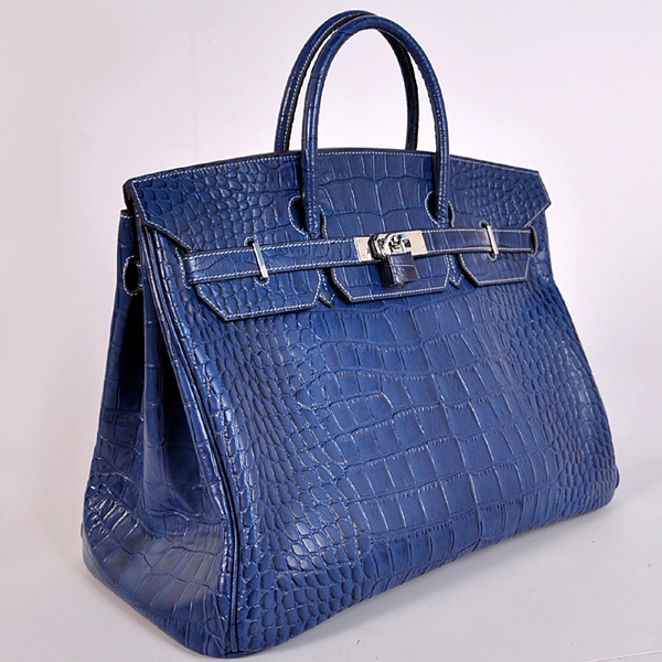 Hermes Birkin 40CM Crocodile stripes leather in Blue with Silver hardware