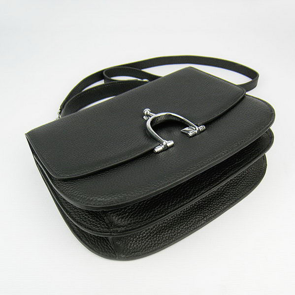 Hermes Stirrup Shoulder Bag Black Calfskin Silver