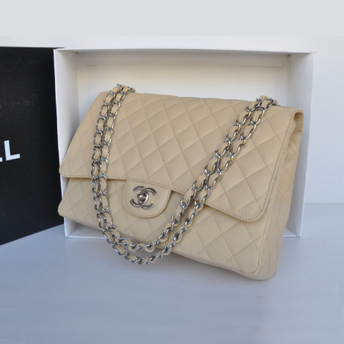 Classic Chanel Maxi Double Flaps Bag A36098 Apricot Original Caviar Leather Silver