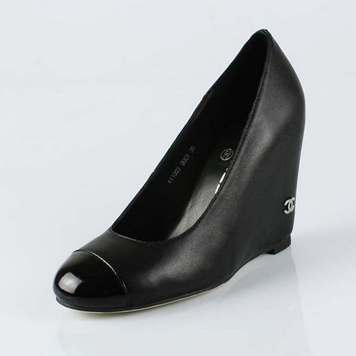 Chanel Black Leather Wedge Pump