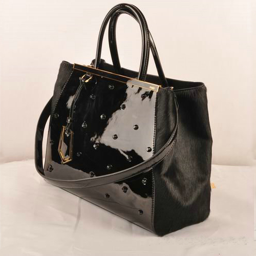 Fendi 2Jours Patent Leather Horsehair Tote Bag F2552M Black