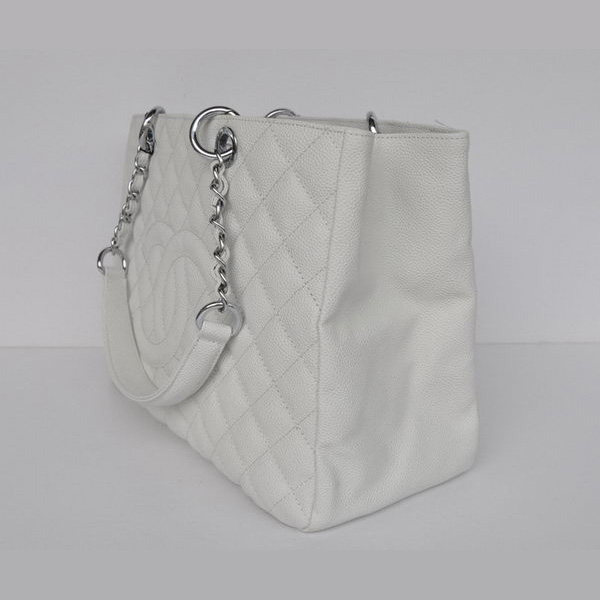 Chanel A50995 White Caviar Leather Shoulder Bag Silver