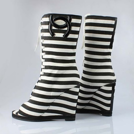 Chanel open toe stripe slipsole boots black