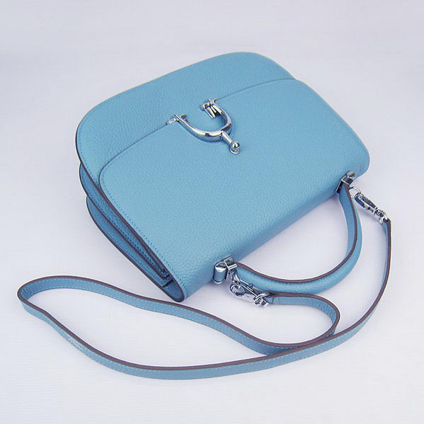 Hermes Stirrup Shoulder Bag Blue Calfskin Silver