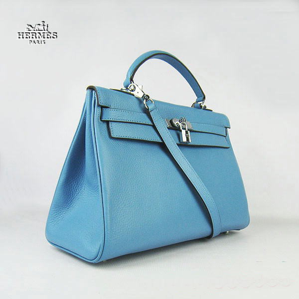 Hermes Kelly 35cm Togo Leather Bag Light Blue 6308 Silver Hardware