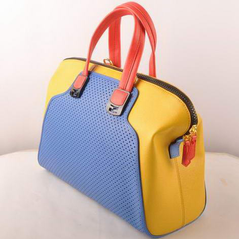 Fendi Chameleon Punch Saffiiano Leather Top Zip Tote Bag 2537 Blue-Yellow