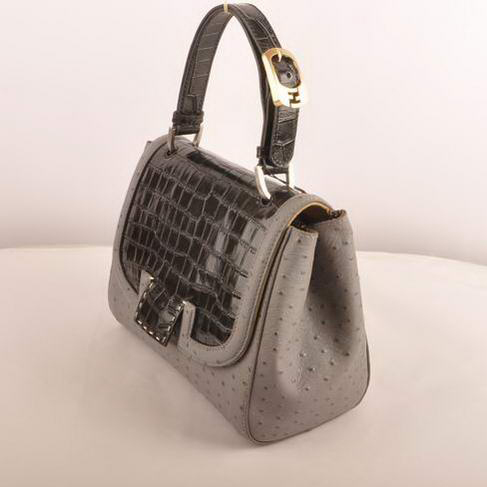 Fendi Silvana Croco-Ostrich Leather Flap Bag 2548 Black-Grey