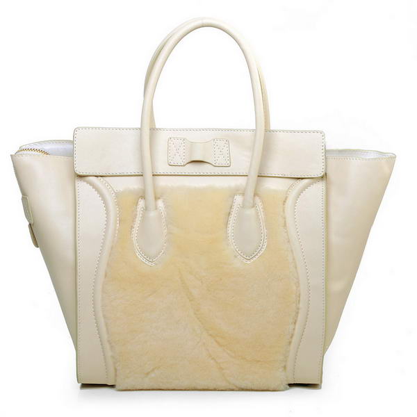 Celine Luggage Mini Boston Bag Lambswool Original Leather Offwhite