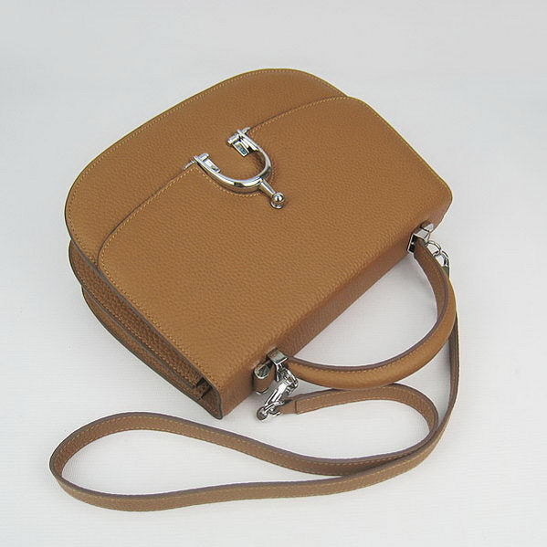 Hermes Stirrup Shoulder Bag Camel Calfskin Silver