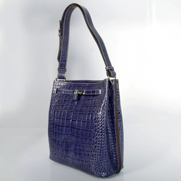 Hermes Sokelly Medium Crocodile stripes leather in Medium Blue with Silver hardware