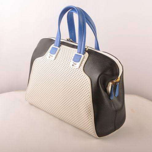 Fendi Chameleon Punch Saffiiano Leather Top Zip Tote Bag 2537 White-Black