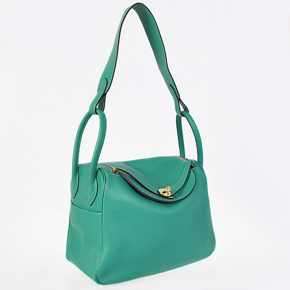 Hermes Lindy 30CM Havanne Handbags 1057 Green Leather Golden Hardware