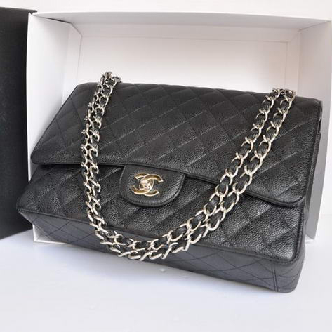 Chanel A47600 Black Original Caviar Leather Jumbo Flap Bag Silver