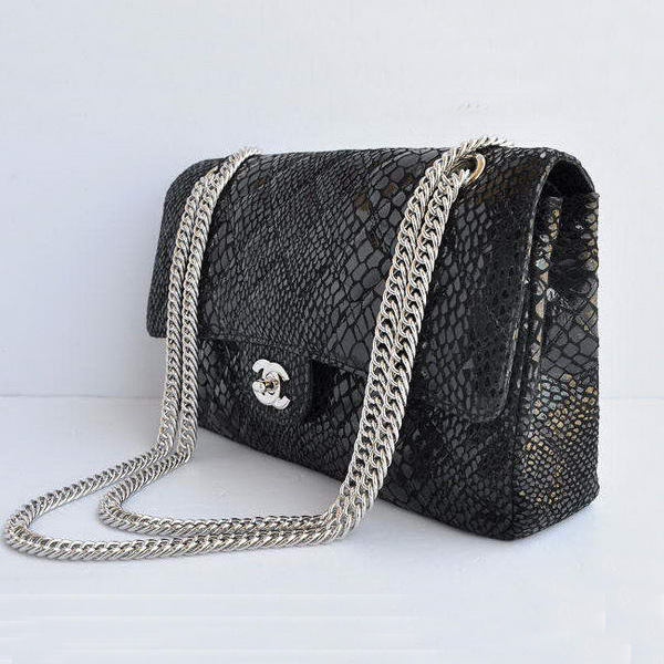 Chanel Black Snakeskin Leather Flap Bag Silver Hardware