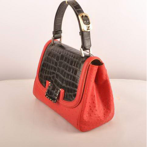 Fendi Silvana Croco-Ostrich Leather Flap Bag 2548 Black-Red