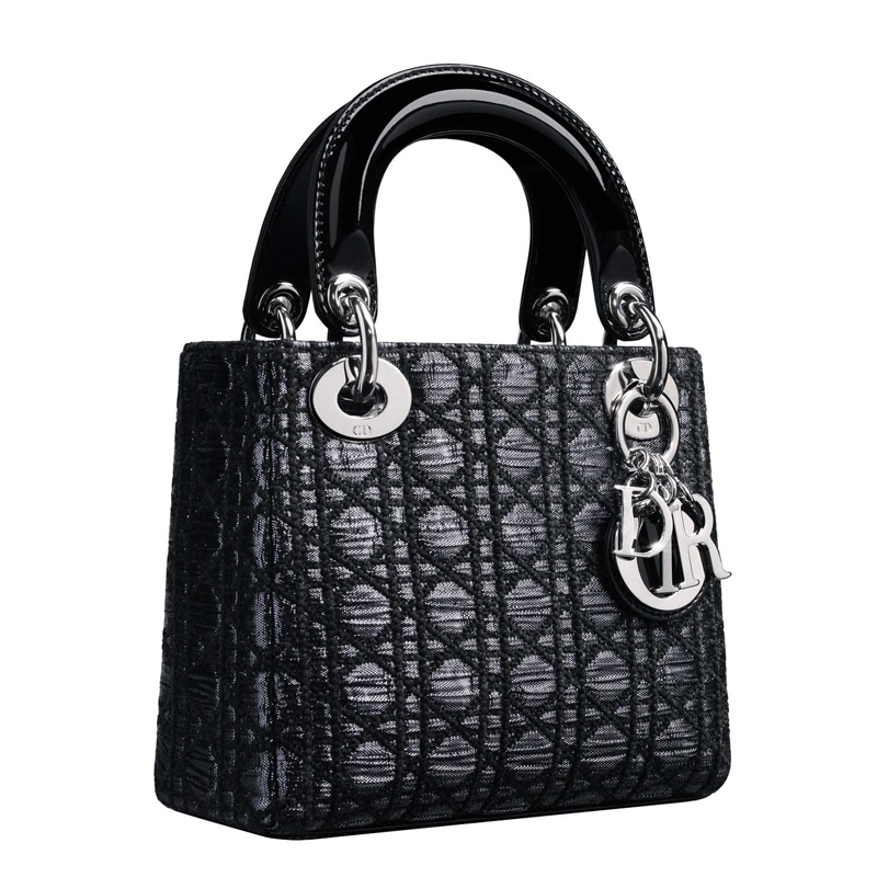 Silver jacquard Lady Dior bag, black stitching