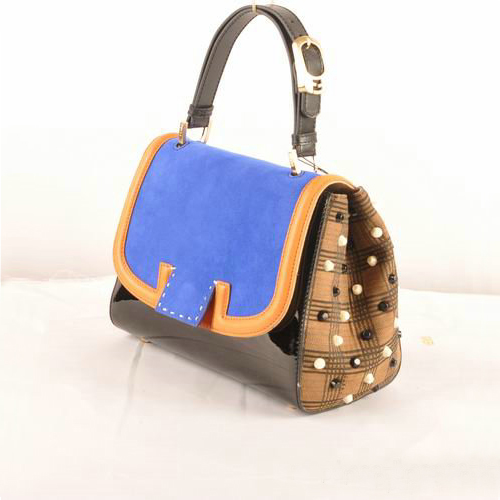 Fendi Silvana Suede&Patent Leather Flap Bag F2548 Blue&Black