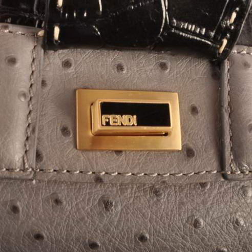 Fendi Silvana Croco-Ostrich Leather Flap Bag 2548 Black-Grey