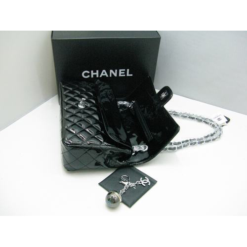 Chanel Patent leather Black Flap bag with Silver chain