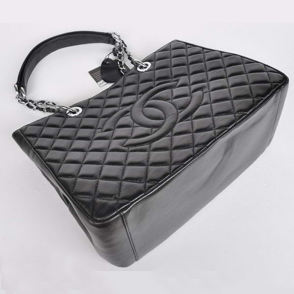 Chanel A50995 Black Sheepskin Leather Shoulder Bag Silver