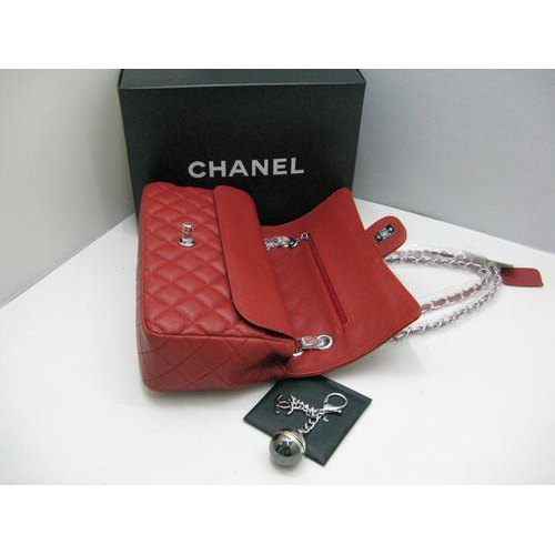 Chanel Caviar leather Red Flap bag with Silver chain