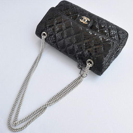 Chanel Black Snakeskin Leather Flap Bag Silver Hardware