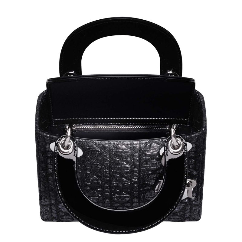 Silver jacquard Lady Dior bag, black stitching