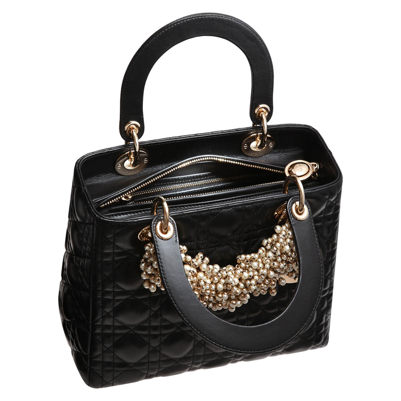 Black leather 'Lady Dior' bag and iridescent pearl necklace