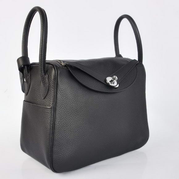 Hermes Lindy 30CM Havanne Handbags 1057 Black Leather Silver Hardware