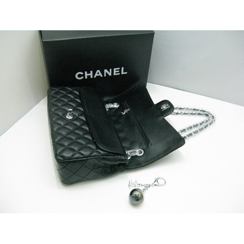 Chanel lambskin leather Black Flap bag with Silver chain