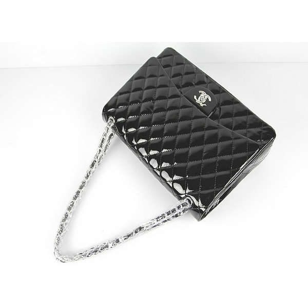 Chanel Flap Bag Quilted Black Patent with Silver Chain 1116