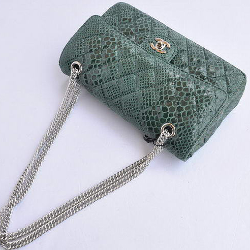 Chanel Green Snakeskin Leather Flap Bag Silver Hardware