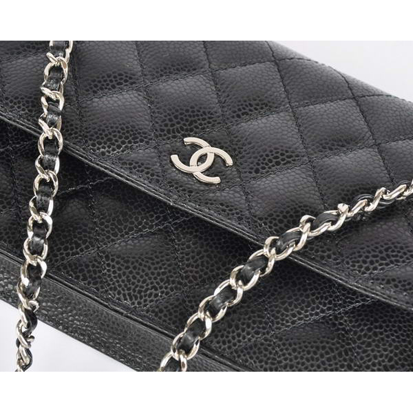 Chanel A33814 Black Grain Leather Flap Bag Silver