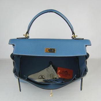 Hermes Kelly Handbags 32CM Middle Blue(gold)