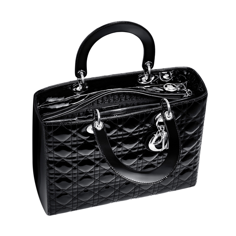 Large Lady Dior bag in black patent leather