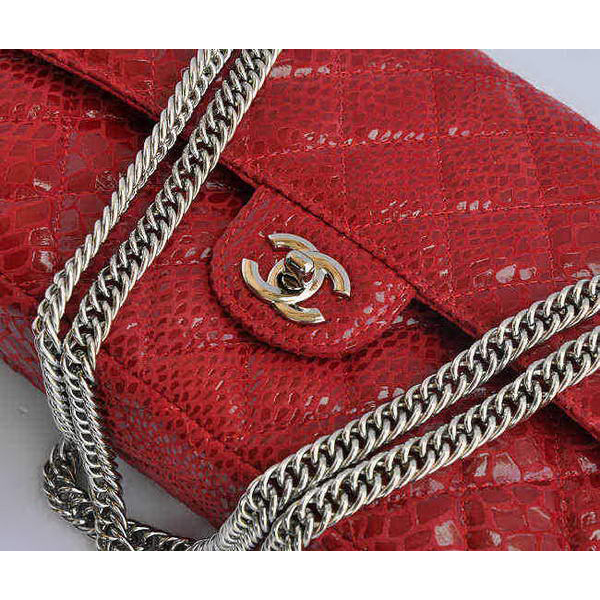 Chanel Red Snakeskin Leather Flap Bag Silver Hardware