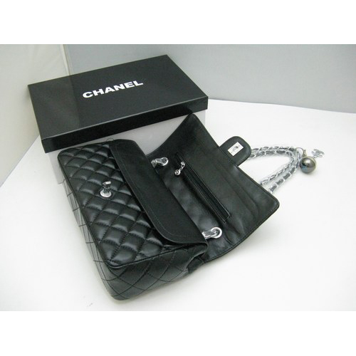 Chanel lambskin leather Black Flap bag with Silver chain