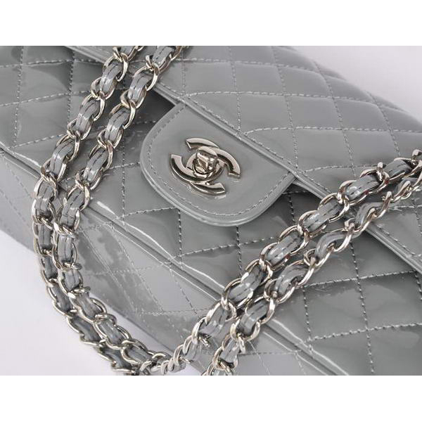 Chanel Grey Patent Leather Flap Bag Silver Hardware