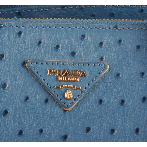 Prada Medium Ostrich Leather Tote Bag Blue