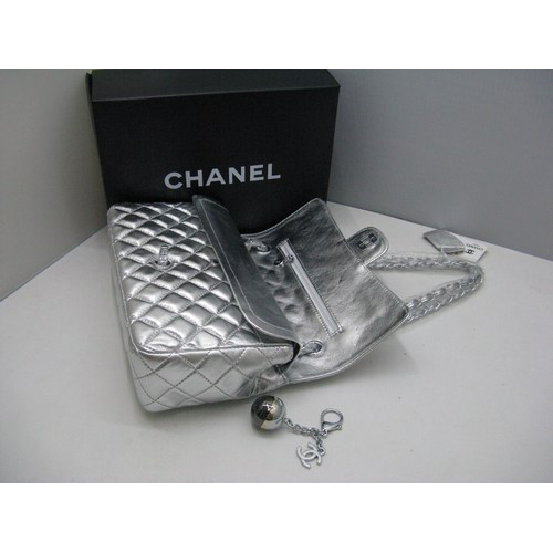 Chanel lambskin leather Silvery white Flap bag with Silver chain