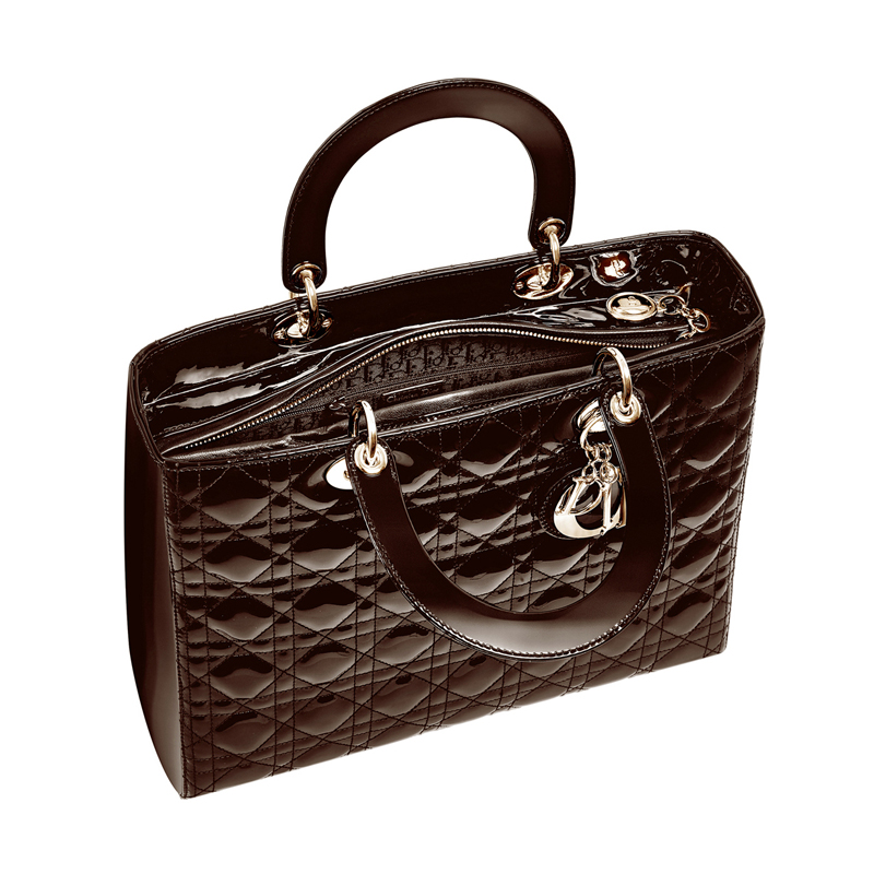 Large Lady Dior bag in brown patent leather