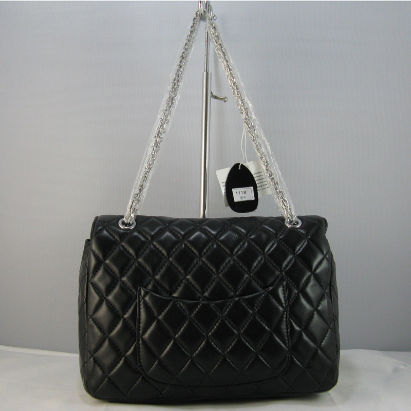 Chanel Black lambskin leather Flap Bag with Silver chain