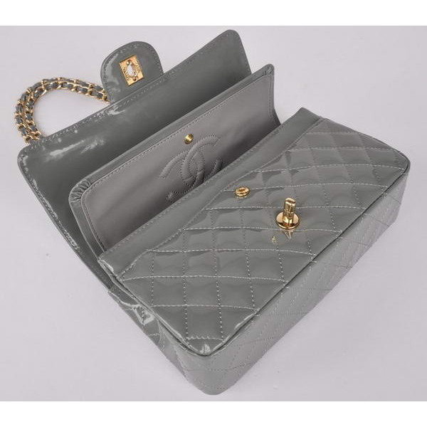 Chanel Grey Patent Leather Flap Bag Gold Hardware