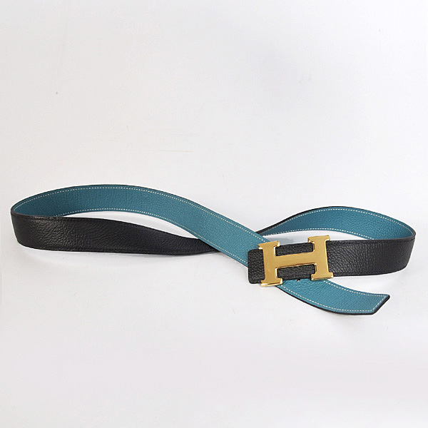 Hermes belt leather in Black/Medium Blue with H Gold Buckle