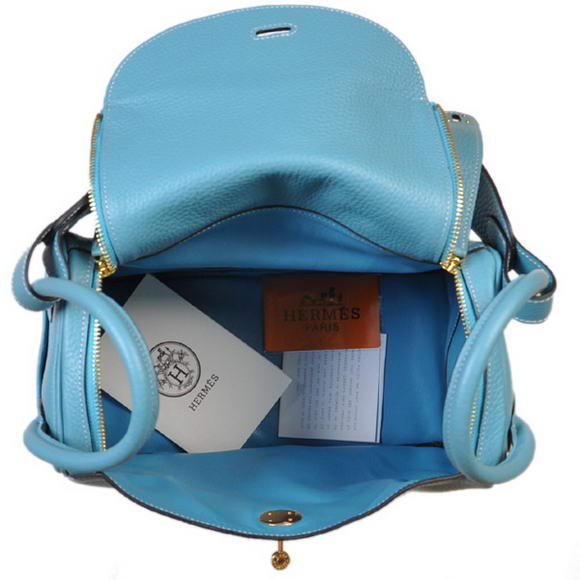 Hermes Lindy 30CM Havanne Handbags 1057 Light Blue Leather Golden Hardware