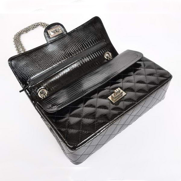 Chanel 1122 Classic Black Lizardskin Flap Bag Silver Hardware